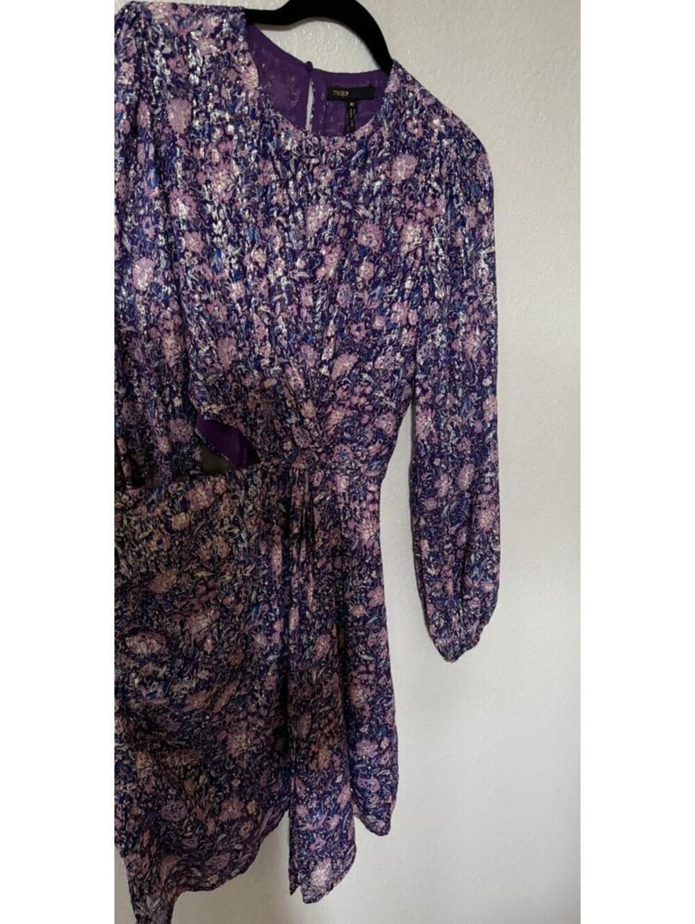 New Maje Metallic Printed Viscose Dress In Purple Size 42/ XL $535 - Picture 7 of 13